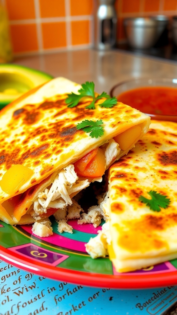 Golden brown chicken quesadilla filled with cheese and tropical fruit, served with salsa and guacamole.